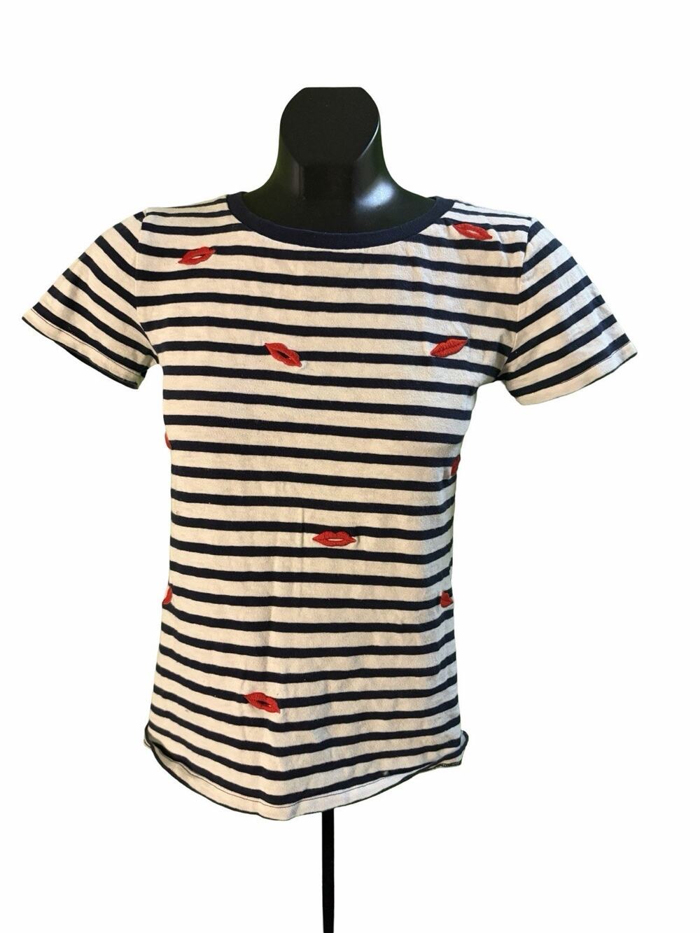 J. Crew Striped Lips Tee Women’s XXS Navy White Embroidered Breton Tee Cute